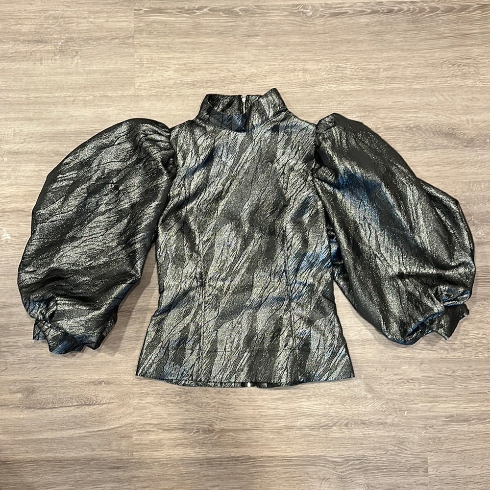 Ganni Metallic Silver Jacquard Puff Sleeve Blouse